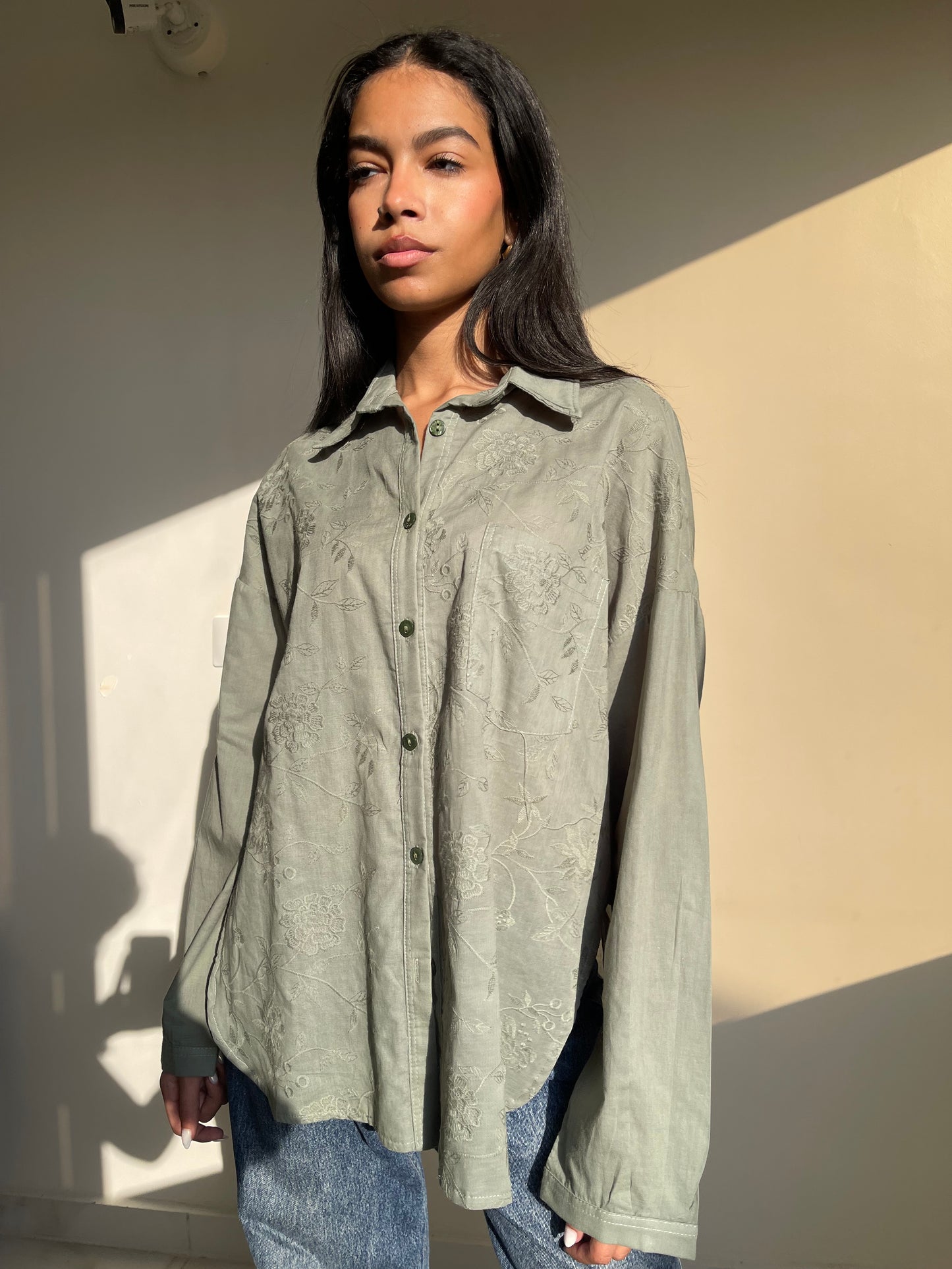 Olive Bloom Embroidered Shirt